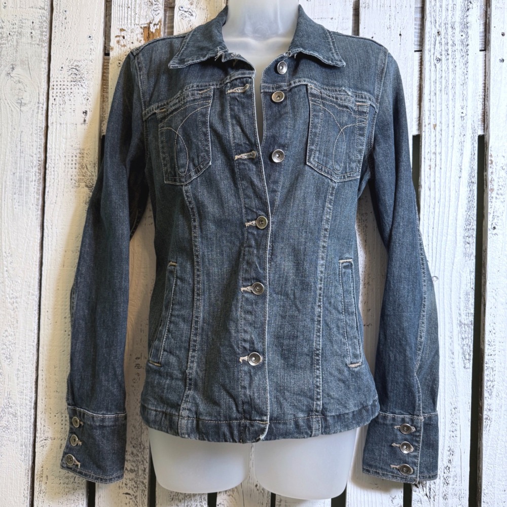 Calvin Klein Jeans Blue Denim Trucker Jacket Women L Dark Wash Classic Americana